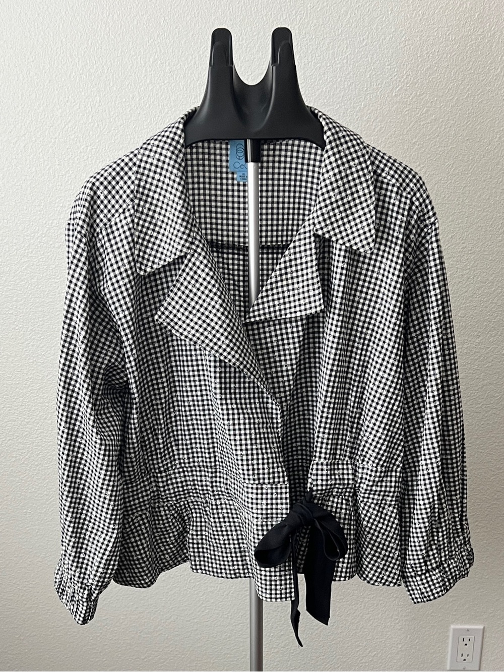 CeCe 100% Cotton Sequin Clip Dot Gingham Peplum Wrap Jacket Blazer XL
